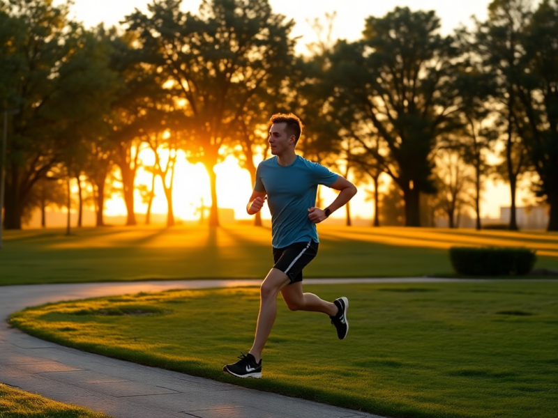 A runner jogging in the park during sunrise, symbolizing energy and vitality.