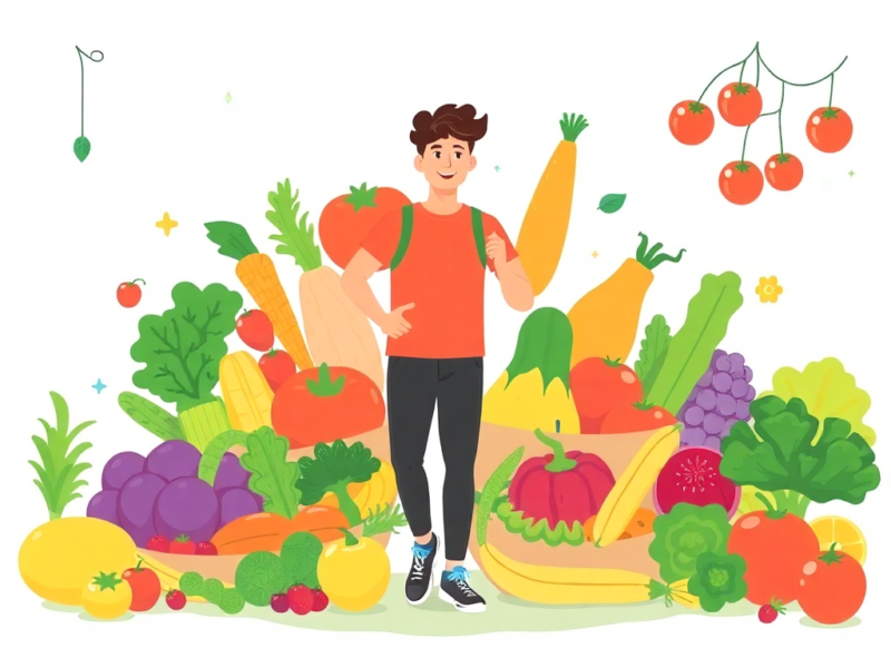 A vibrant illustration of a healthy lifestyle featuring fresh fruits, vegetables, and an active individual.